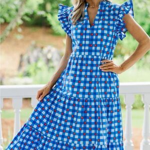 Teacher Blue apple Checkered Ruffle Dress